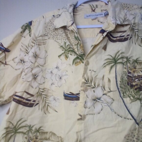 Quicksilver Edition Shirt M Button Up Short Sleeve Hawaiian Tropical Tan Green - Picture 9 of 16